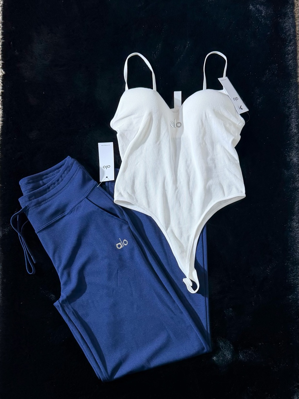 ALO Yoga White Ribbed Bodysuit with Navy Accents